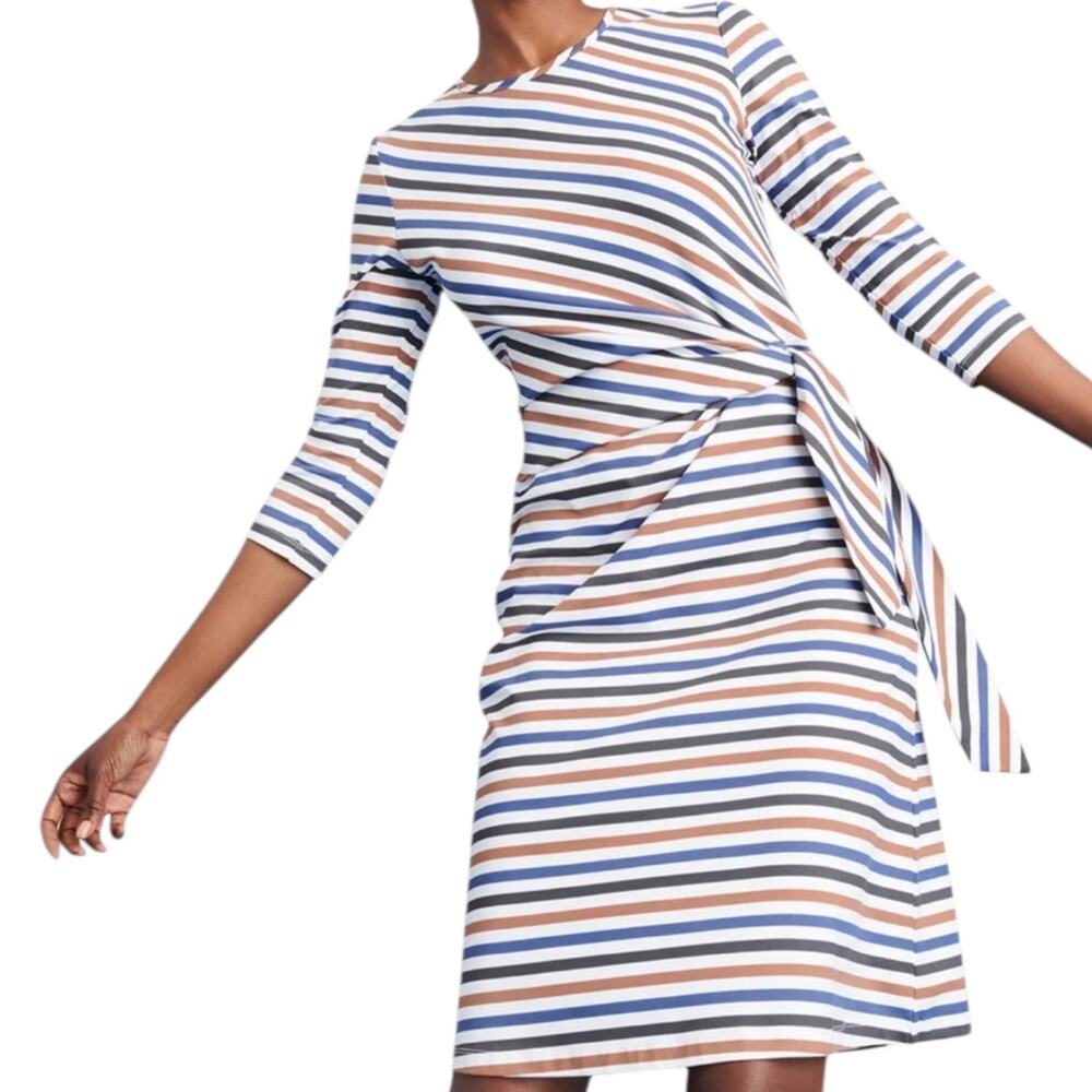 J.McLaughlin Elora Dress Bangle Multi Stripe Catalina Cloth Tie Waist Sheath M